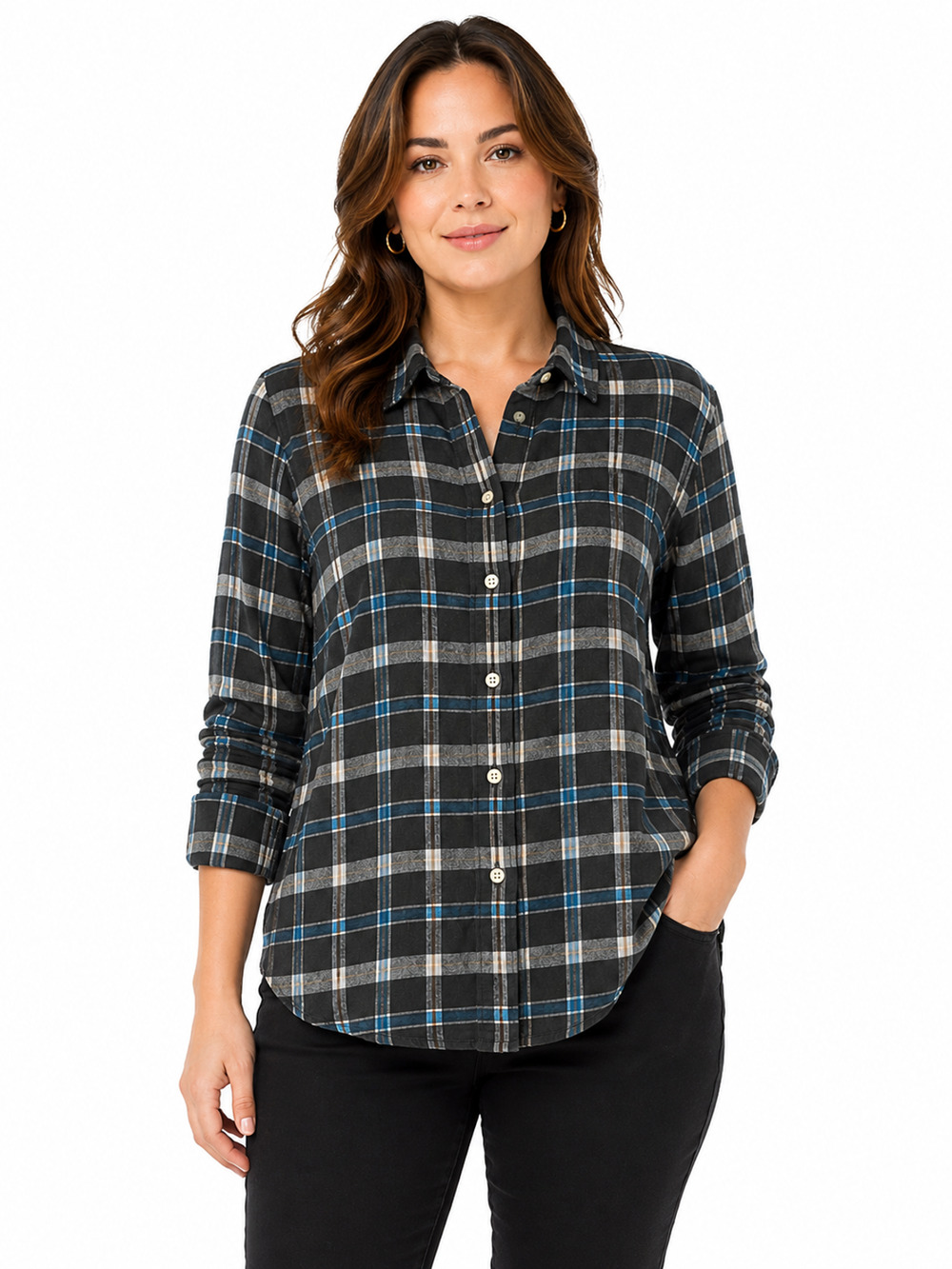 Talbots Olive & Blue Plaid Lightweight Flannel Button Up Shirt Top Cotton sz M